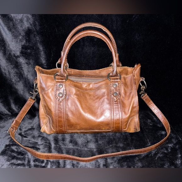 FRYE Melissa Cognac Brown Leather Top Handle Zipper Closure Satchel Crossbody